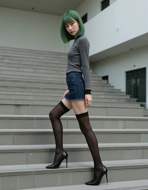 40 years old Japanese beautiful woman, healthy body without being too thin, elongated face, gaunt face, big droopy eyes, shiny skin, white skin, perfect makeup, green short bob hair with bangs, gray and black patterned sweater, denim micro skirt, dark blac...