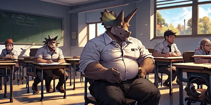 (resolucion 4K, alta definicion, obra maestra, gordo, overweight man, anthropo, triceratops),  teacher dress , cuerpo completo,  perfect light, Chiaroscuro, You are in a classroom with several human students