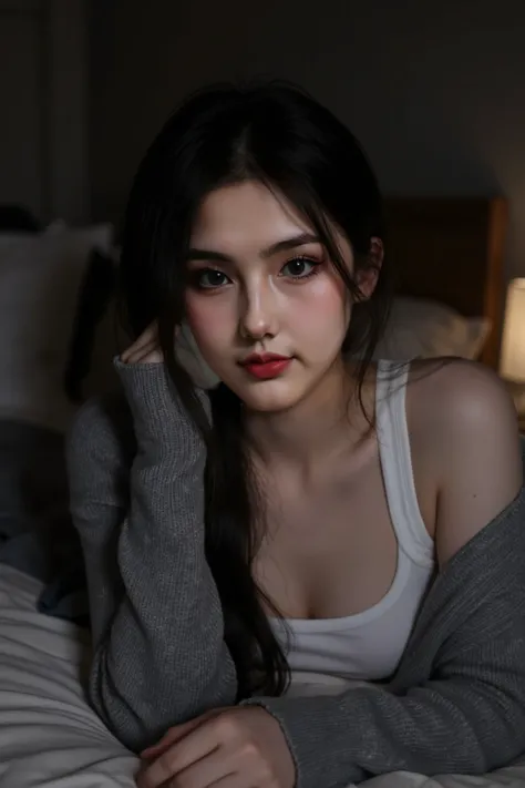 “A close-up portrait of a young woman lying sideways on a bed at night, facing the camera. She is wearing a white tank top and a gray knit cardigan, her long black hair slightly messy. The lighting is soft and moody, with a dim, warm glow from a bedside la...