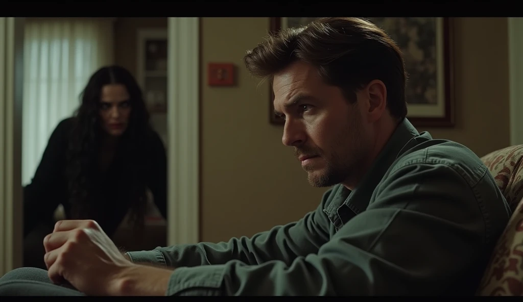 a man with brown hair, in his home, and a scary looking woman, with long black hair, peeping at him from behind a wall