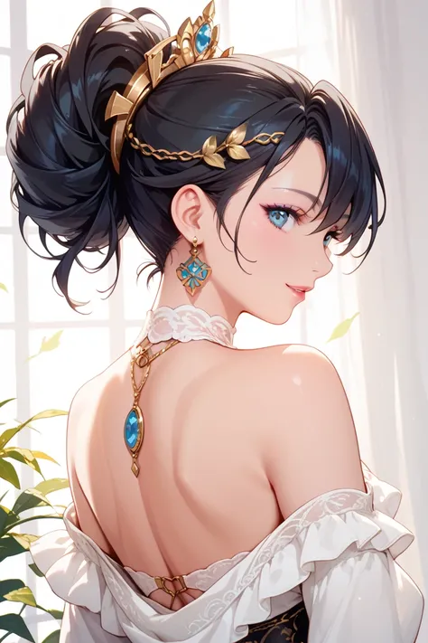 (   Top Quality)(  Artistic  )(  beautiful face)Athena(black hair), upper body,  from behind,  looking back,  