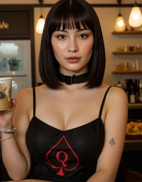 High Resolution, High Quality, High Detail, Masterpiece, Top Quality ,((((( photo real ))))) , (((((Cafe店員 18yo,  huge tits white woman ))))) , ((( spade mark with the letter Q on the paper cup))), Cafe　(((Spade-marked sign with the letter Q)))　, (((Spade ...