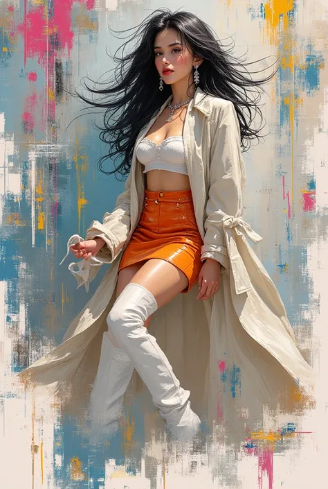 Modern illustration art. Close-up portrait. Captivating female model with striking long black wind-blown hair and toned legs wearing an overcoat and knee high skirt, white thigh-high boots, in front of a simple mosaic glass background. Vibrant, dynamic bru...