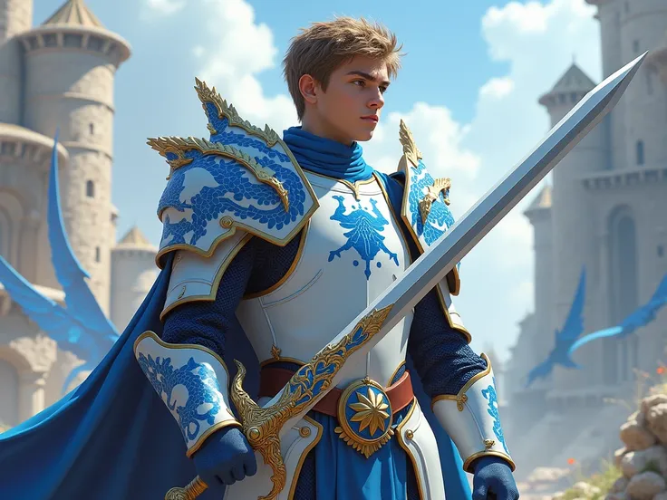 A male knight in his 20s wearing blue-rimmed white dragon-patterned armor holding a large two-handed sword