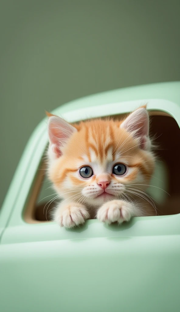 Fluffy beige, pastel green, beige-colored newborn baby kitten, eyes, showing up from a car-shaped vehicle, is round, cute, open, and a kitten with a sweet face is in a relaxed pose with one hand raised