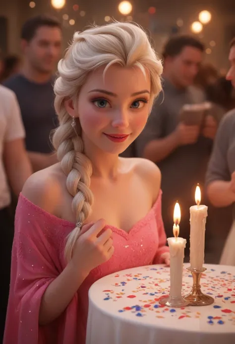 A great happy birthday party scene with 4-6 s., pastel, and Elsa from the Disney movie Frozen standing in the background , celebration style,  Detailed representation of the facial structure of the characters ., bright colors in general, candles on the pas...