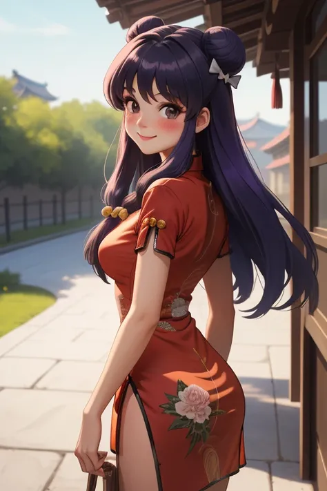 obra maestra,  the best quality,  highres, F , 1 girl, Alone ,  black eyes ,  purple hair,  hair bun , Campaign,  double bow, jingle Campaign,  long hair, breasts, blush,  Smile, blows,  hair ornament, bow, sidelocks, Shampoo (ranma 1/2), dress, Chinese cl...