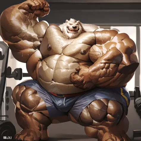 lindong, 1boy, 1man, solo, (furry polar bear), (topless, shirtless, shorts), well-muscled old man, bearded, gym, hyper fat , sweaty, very hairy . ((chubby, fat belly, huge belly, massive belly, extremely huge muscular, massive muscular, nipples, extremely ...