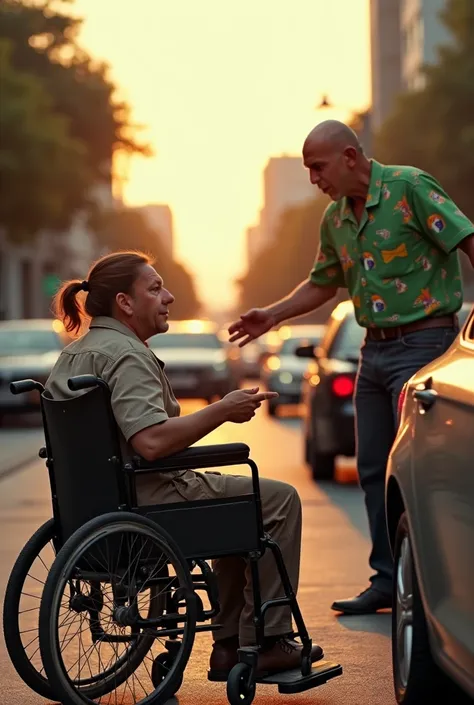 Use this reference to generate the image of man, que precisa ser totalmente bald, he is standing, The woman in the wheelchair:  Ultra-realistic scene of a bustling urban intersection in the late afternoon ,  with the red light and several stopped cars .  i...