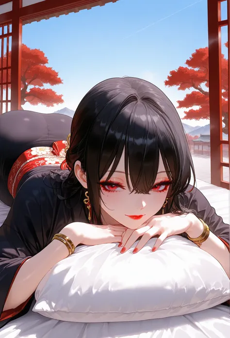 mixed_artwork style, low tied black hair, red eyes, perfect eyes, diamong shaped eyes, golden bracelets, (black & red kimono), (lying), Mole under eye, solo, 1girl, curvy, massive chest, White outline, light smile, Sensual woman, Seductive woman, Mature fe...