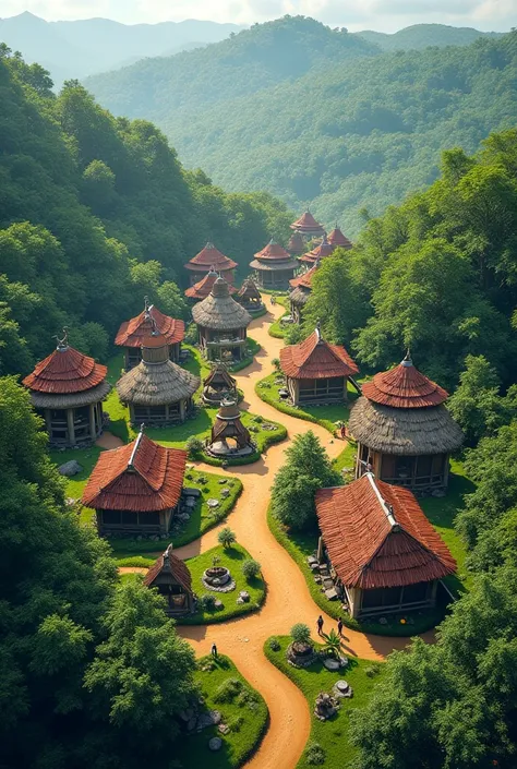 Aerial view of the village of Akokoa, with lush greenery and traditional houses.