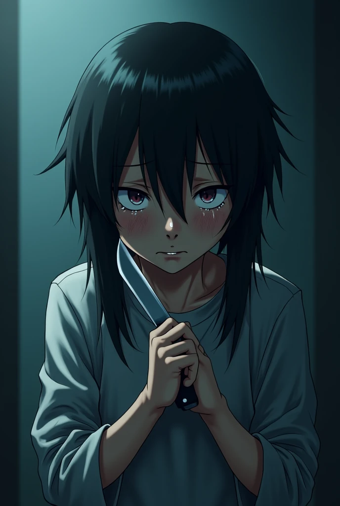 Anime age boy about to commit suicide by killing himself with a knife crying black long hair 