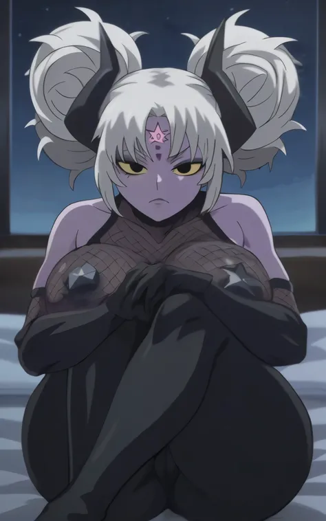 Gray-purple skin, detailed eyes, yellow-gold sclera, athletic, plump, triangular face, short thick hair, mysterious, one high messy bun, beauty mark next to her lips, demon, black eyes, sharp black hands, black gradient gray forearms, stars on her nipples,...