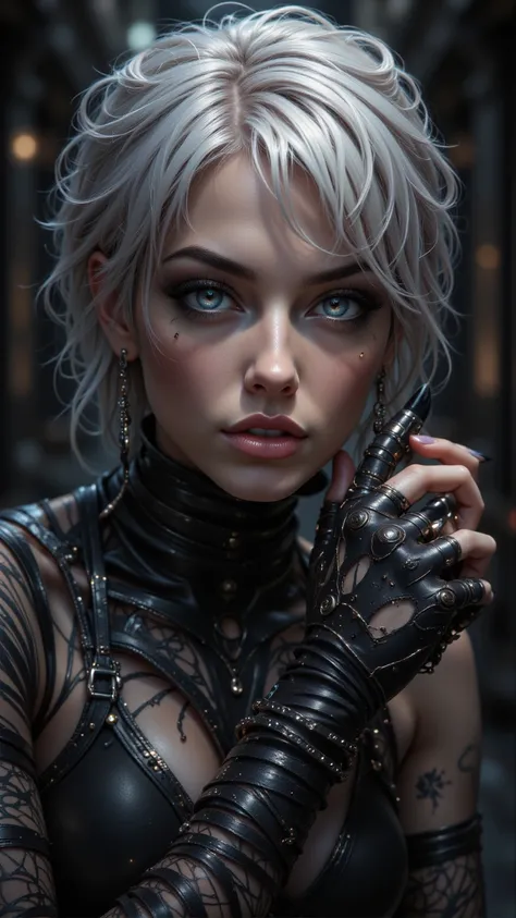  presents an exquisite work of art ， showing an independent female image ， revealing expressive gray eyes ， unique white hair cut with punk style and jumpsuit with fingerless gloves，For maximum impact 。