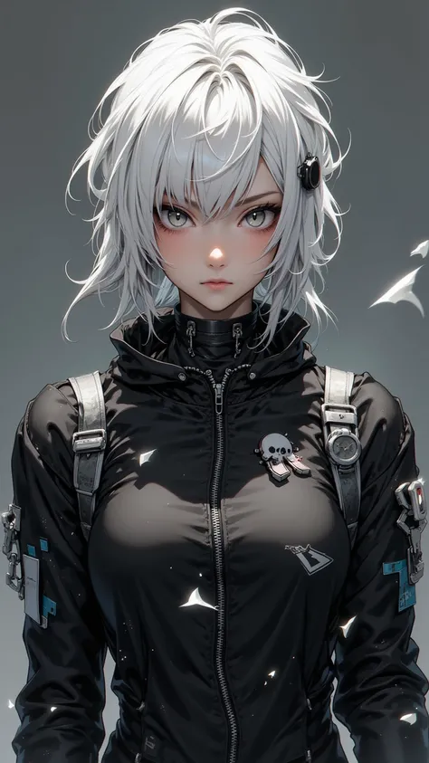  presents an exquisite work of art ， showing an independent female image ， revealing expressive gray eyes ， unique white hair cut with punk style and jumpsuit with fingerless gloves，For maximum impact 。