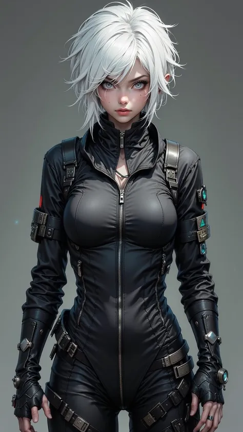  presents an exquisite work of art ， showing an independent female image ， revealing expressive gray eyes ， unique white hair cut with punk style and jumpsuit with fingerless gloves，For maximum impact 。