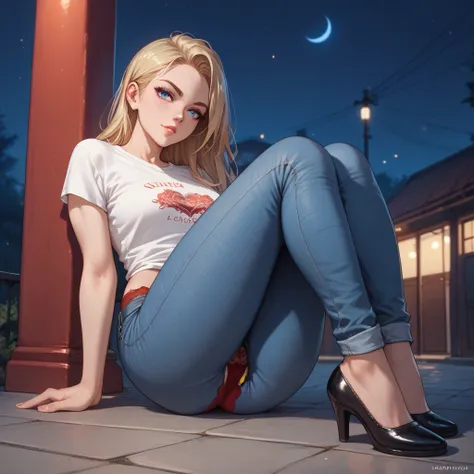 anime style woman, night, white skin. Blonde with straight, long, straight hair, blue eyes, thin eyebrows. dressed in a white t-shirt and jeans, ((taking off his pants in a sexy pose)) (((almost showing his red lace panties))). black shoes.