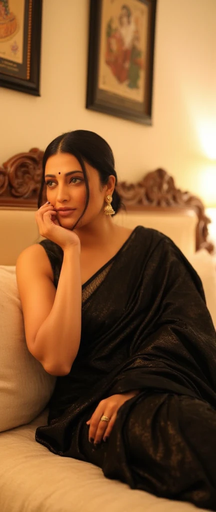 a beautiful young woman wearing a black saree, tight blouse, chest is wet, sultry facial expression, sitting on a bed, detailed facial features, hyper-realistic, 8k, ultra-detailed, photorealistic, dramatic lighting, cinematic composition, regal, elegant, ...