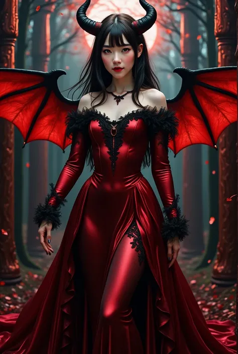 Generates an image of a Succubus woman anime style with long straight dark hair and bangs, Red eyes, horns protruding from his head, Elegant long red dress with black details, wicked smile, dark aura