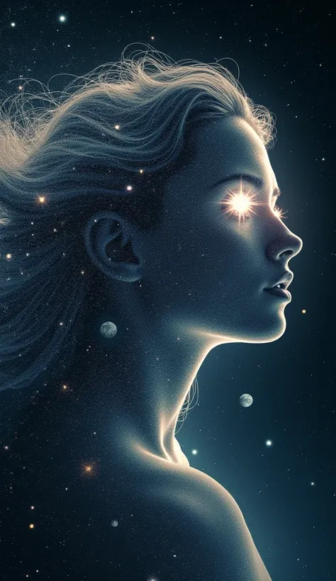 Straight on view of transparent silhouette of a woman's face with hair floating in outer space, dense concentration of planets/moons visible through and surrounding, bright stars as pupils of the eyes