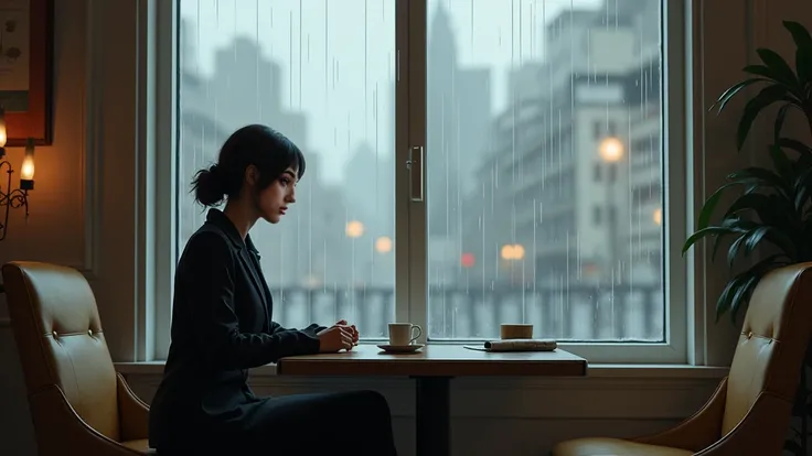 A woman sitting alone in a stylish cafe,It's raining outside the window,She stares blankly outside