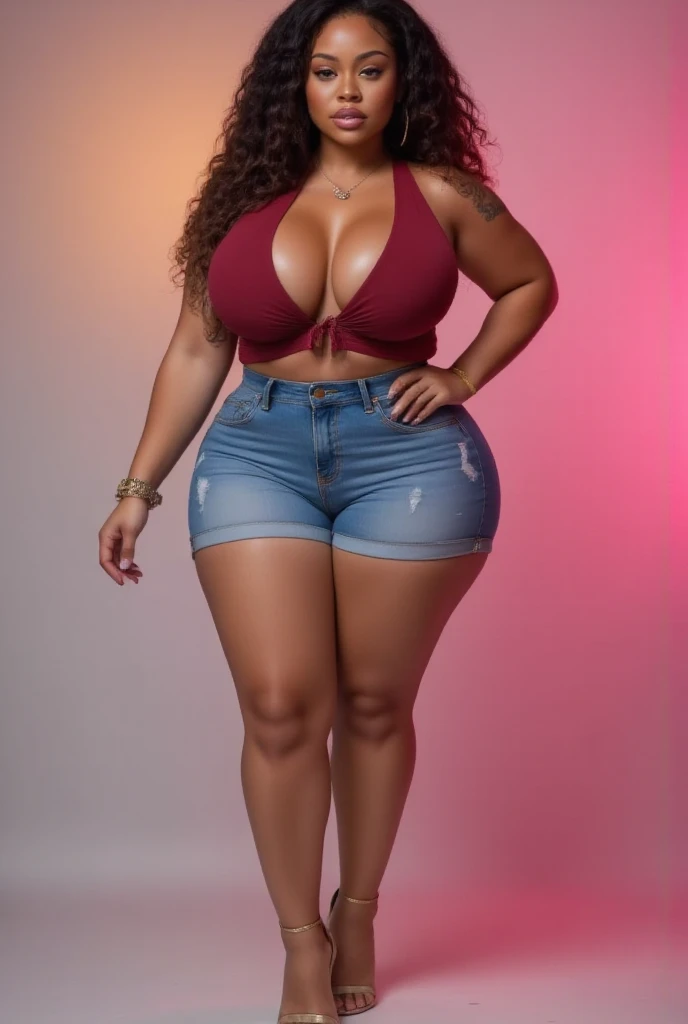 Full body, front view, African,  ,   gradient  curly hair, bigboobs, ((denim shorts, sexy top, high heels, (((plus size curvy body, wide hips))) )), plain background
