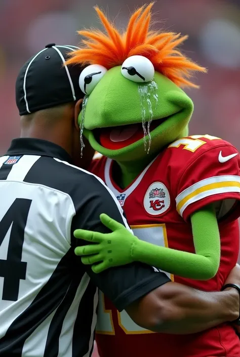 Kermit the frog crying in a cheifs jersey with Patrick mahomes hair hugging a referee