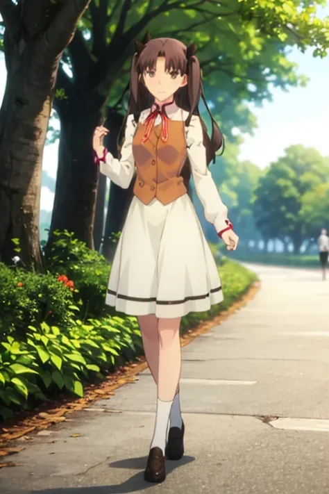 1girl, 2arms, 2legs, 4fingers and 1thumb on each hand, 1hand on each arm, 1arm on each shoulder, 1foot on each leg, full body view, Tohsaka Rin, brown twin tail hair, brown eyes, wears a high school uniform, feeling great, walking in a park