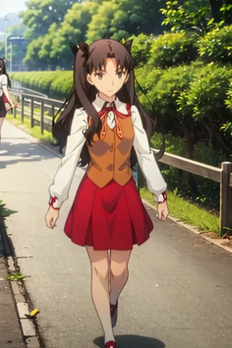 1girl, 2arms, 2legs, 4fingers and 1thumb on each hand, 1hand on each arm, 1arm on each shoulder, 1foot on each leg, full body view, Tohsaka Rin, brown twin tail hair, brown eyes, wears a high school uniform, feeling great, walking in a park