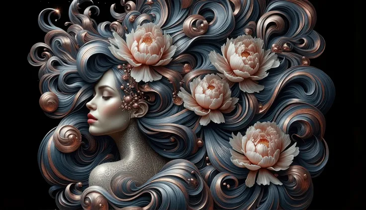 a powerful feminine figure her flowing hair creating hypnotic waves based on F(x) = x³*sin(x) + cos(x²)*sin(x), inspired by James Jean's surreal artistic style, her hair intertwining with blooming peonies and swirling botanical patterns, metallic accents c...