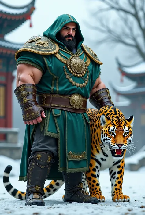 The image depicts a burly man dressed in an intricate green and gold outfit. The outfit includes a hood, a decorative belt, and leather gauntlets on his arms. He has a stoic expression on his face and a muscular physique.

Beside him stands a large and men...