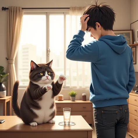 A Munchkin cat with a dark brown tabby color mixed with white, a Japanese man with messy hair wearing a blue hoodie and black jeans, (The Munchkin cat is sitting on a low table, looking at the Japanese man's face, touching a glass of water with its front p...