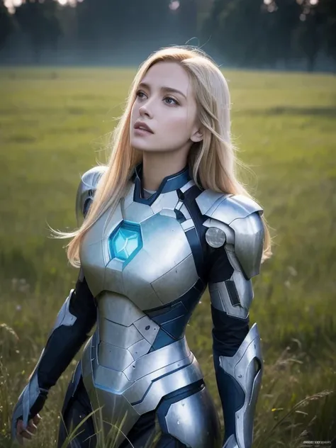 a sexy woman that is standing in the grass, sleek glowing armor, hyperrealistic fantasy art, nebula, a sexy blonde warrior, inspired by Ernest Buckmaster, white superior iron man, young woman looking up, aeron alfrey, shields, award - winning painting, dec...