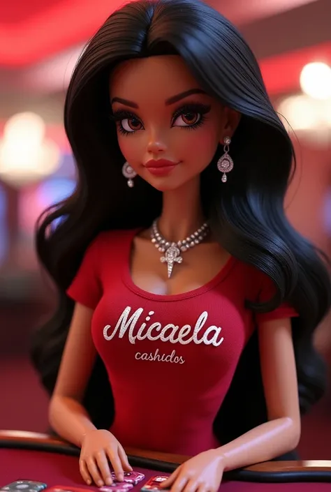 beautiful Bratz in 4D inside a casino , playing roulette She's winning, 
Casino chips decorated everywhere
black hair , brown eyes  , big eyelashes ,  big lips , beautiful big mouth lined eyes ,
 perfect nose ,
with shiny diamond earrings, a diamond neckla...