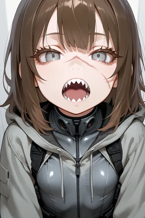 Sharp teeth, mesugaki, emotionless, open mouth, big mouth, hoodie jacket, grey body suit, brown hair, grey eyes, brown eyelashes, scar on face, tactical cloth, 1 girl, flat chest, medium hair, thick thight, solo