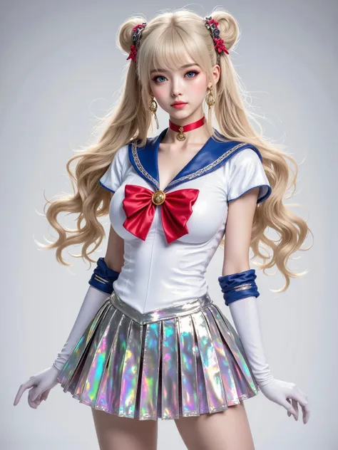 (((masterpiece,best quality))),tsukino usagi,sailor senshi uniform,sailor moon， blue eyes ，Double bun，Hair accessories， red bow， iridescent pleated skirt ， blue sailor collar ， White Gloves ，blond， Very Long Hair ， double ponytail，Crescent moon earrings，Cr...