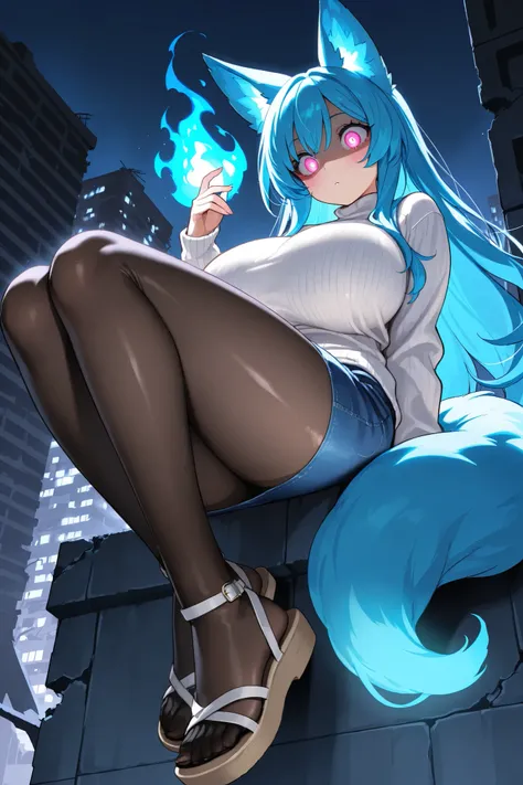 (super detailed:1.2, masterpiece:1.2, best quality:1.2, high res:1.2) 1girl, Alice Blue hair, long hair, fox_ears, Fox_tail, pink eye, {sharp eyelashes}, dark eyeliner,bright eyes, {blush}, huge_breasts, shiny_skin, white sweater, denim skirt, pantyhose, s...