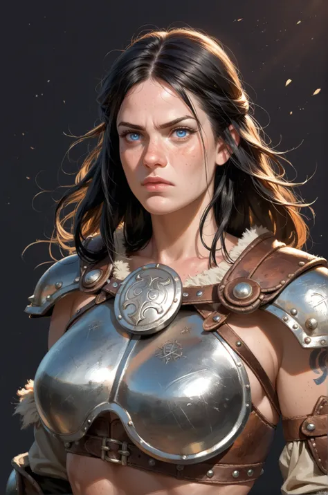 Cartoon of a viking girl, blue eyes, expression of anger, freckles, black hair, sexy leather armor, atmospheric backlight, simple dark background