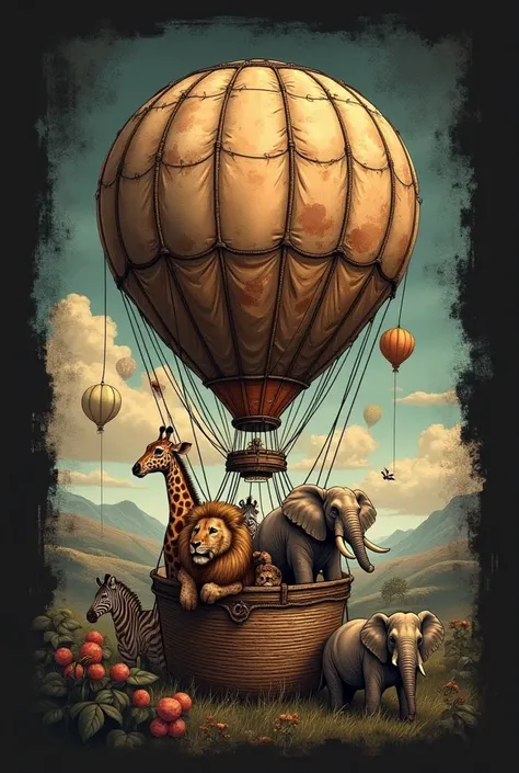 A vintage-style design for a black T-shirt, featuring a hot air balloon with a textured brushstroke border. Inside the balloon, various animals from Noah's Ark, such as elephants, giraffes, lions, and zebras, are illustrated in a retro, slightly distressed...