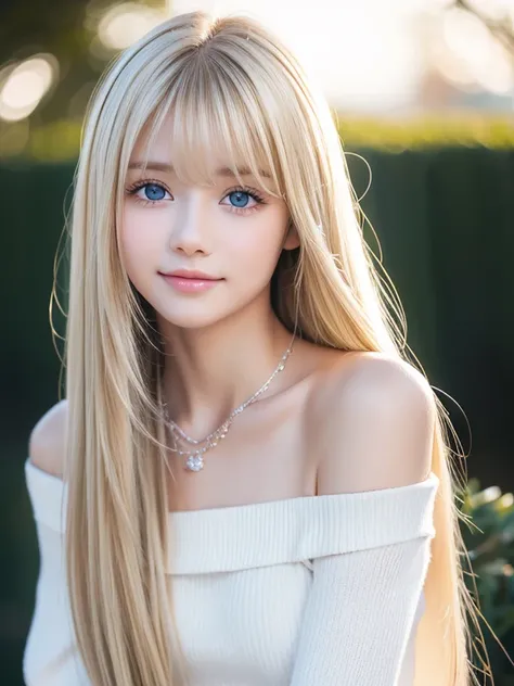 Realistic、究極の絶世 blonde美少女、Ultra Recruitment、One baby-faced young idol girl、Distant Gaze、ootd、Off-the-shoulder white top、Round and young face、Accessories Full、 necklace、 beautiful incredibly bright pale baby blue very light blue eyes、Very big bright eyes、 l...