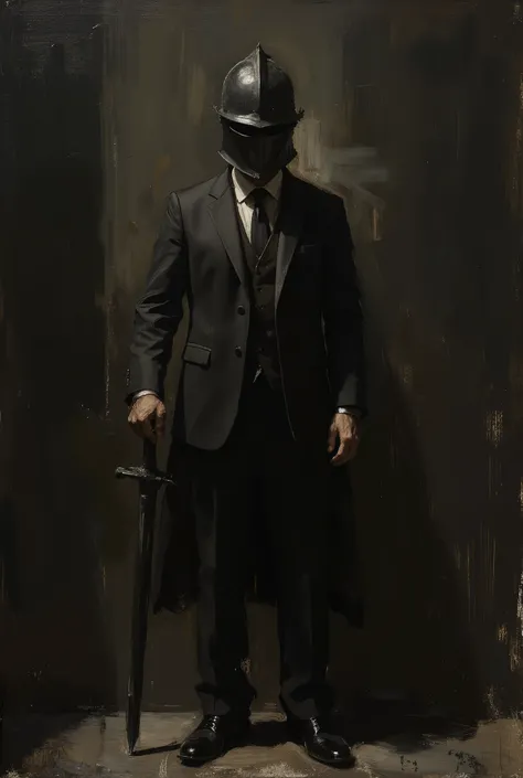 Man in suit hoodie with medieval black helmet covered his head black background ((Oil painting)) ((greek painting)), ((dark theme)) ((holding sword)) 