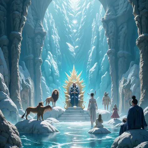 A sea of crystal, in the middle, a throne, surrounded by four creatures, one that looks like a lion, the oufra with a calf, the other with a human and the other with an eagle. E ao redor de a throne, twenty-four more thrones inhabited by elders