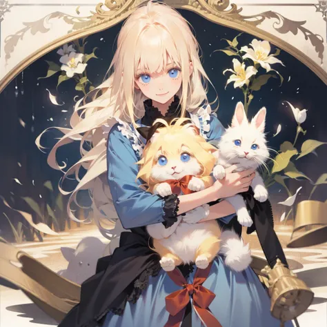 Armed Alice 、 girl、 holding a rabbit 、 blonde、 blue blue eyes, ribbon,Blue clothes、smile、 