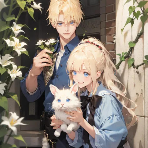 Armed Alice 、 girl、 holding a rabbit 、 blonde、 blue blue eyes, ribbon,Blue clothes、smile、 