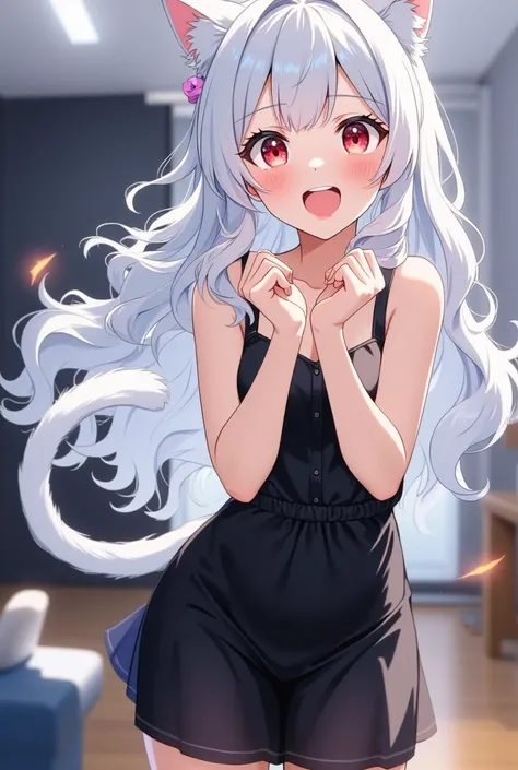 Girl with silver hair and cat ears, The girl with the white cat's tail, black mini skirt dress,  living room at home, I'm surprised and overjoyed, (((face shot))),  (((close up))), Put your hands on your mouth, lean forward, and rejoice,  Ceiling Fluoresce...