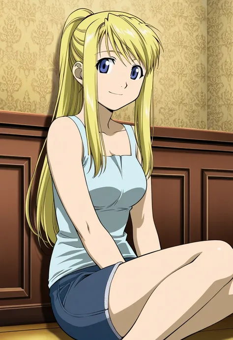 masterpiece,best quality,official art,wallpaper,absurdres, beautiful detailed face,detailed texture,detailed skin,detailed BREAK 1girl,Fullmetal Alchemist,source_Fullmetal Alchemist,Winry Rockbell,shirt,shorts,room
