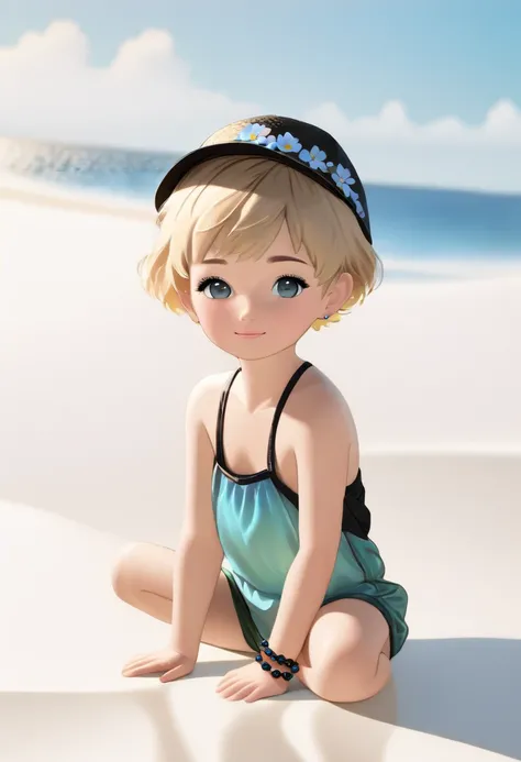 (Alone:1.5),1 Baby\( very cute in the water,Soft skin,Newborns,, blond,Soft Curl,( very short hair:1.8), wearing a bucket hat , rompers with portraits \(Short sleeve\), black beaded bracelet on left arm ,   looking back at viewers, cute smile, full body\) ...