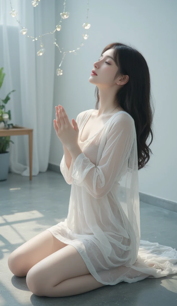 A woman kneels in prayer, head up, eyes open, wearing a transparent white dress. 