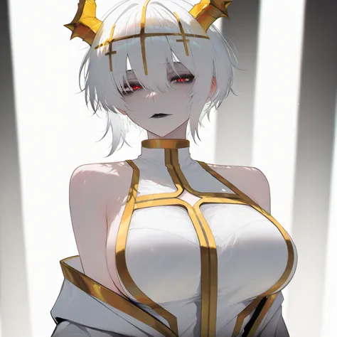 1girl, white short hair, red eyes, white robe with gold trim and a cross cutout in the chest, large breast, sleeveless, yellow horns, black lips

masterpiece, best quality, amazing quality, very aesthetic, absurdres,  newest,