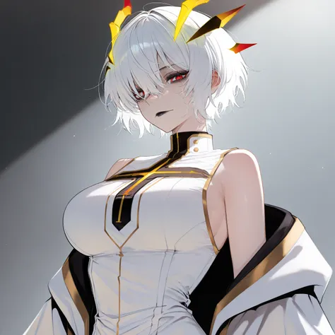 1girl, white short hair, red eyes, white robe with gold trim and a cross cutout in the chest, large breast, sleeveless, yellow horns, black lips

masterpiece, best quality, amazing quality, very aesthetic, absurdres,  newest,